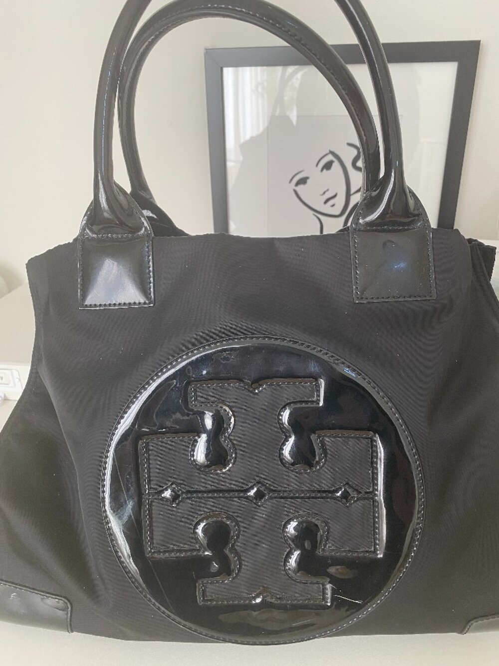 Tory Burch Ella Large Black Nylon Patent Logo Tote Bag